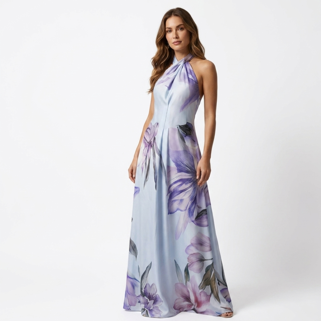 Astreia - Vestito lungo con scollatura floreale e spalline