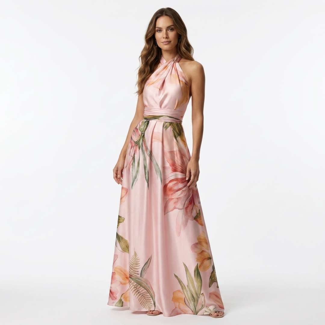 Astreia - Vestito lungo con scollatura floreale e spalline