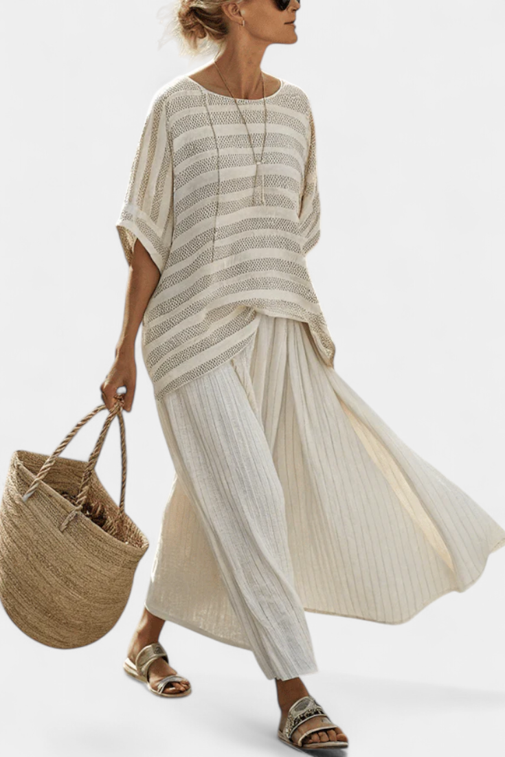 Graziella — Top a righe in bambù naturale e pantaloni in lino a gamba larga