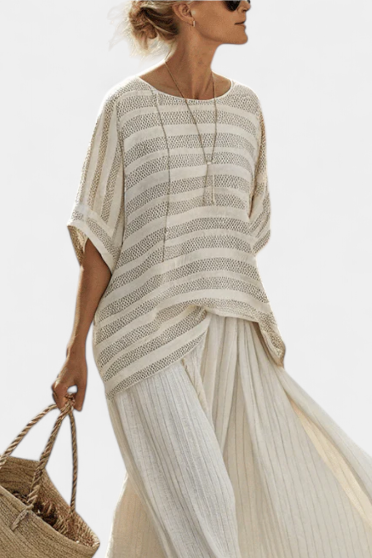 Graziella — Top a righe in bambù naturale e pantaloni in lino a gamba larga