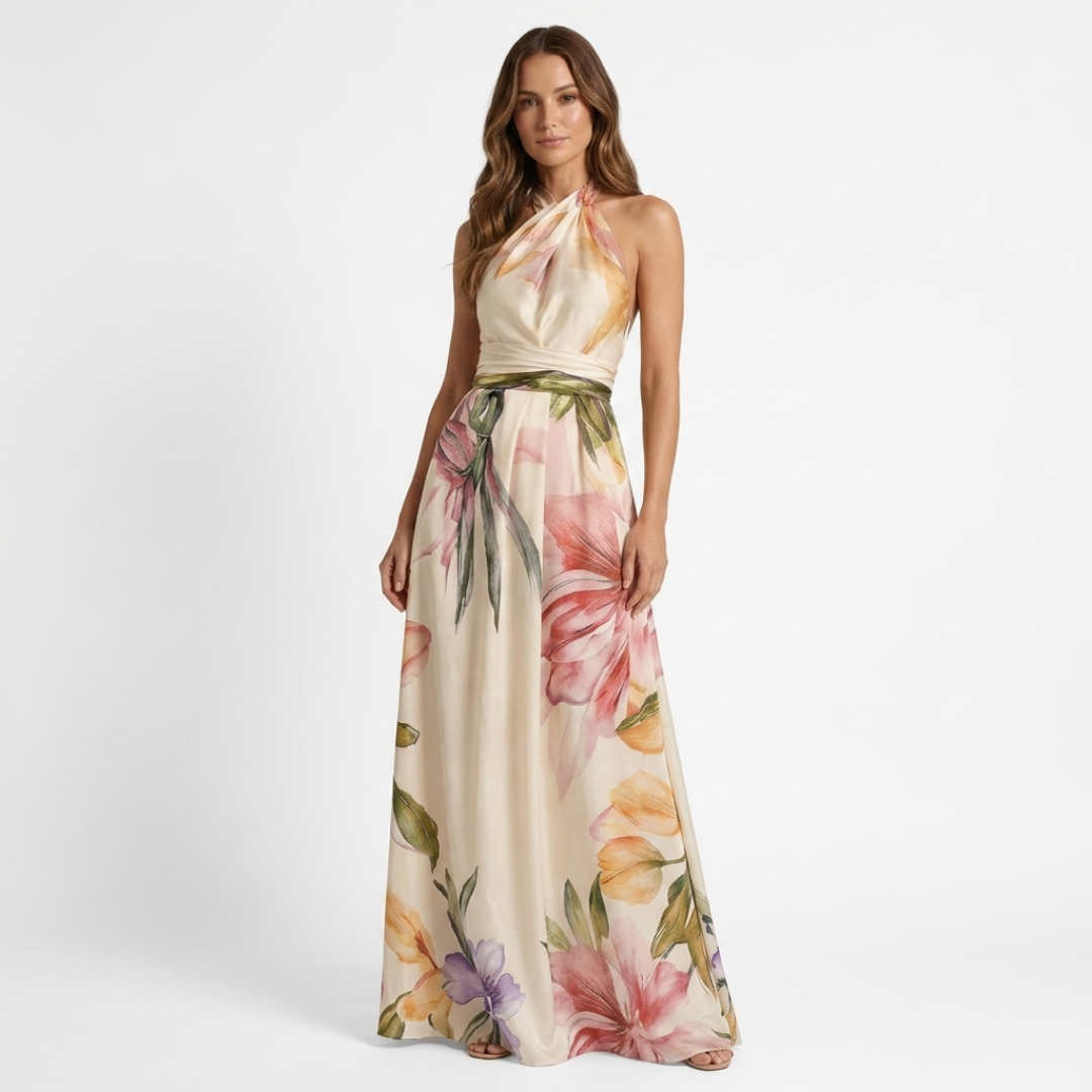 Astreia - Vestito lungo con scollatura floreale e spalline