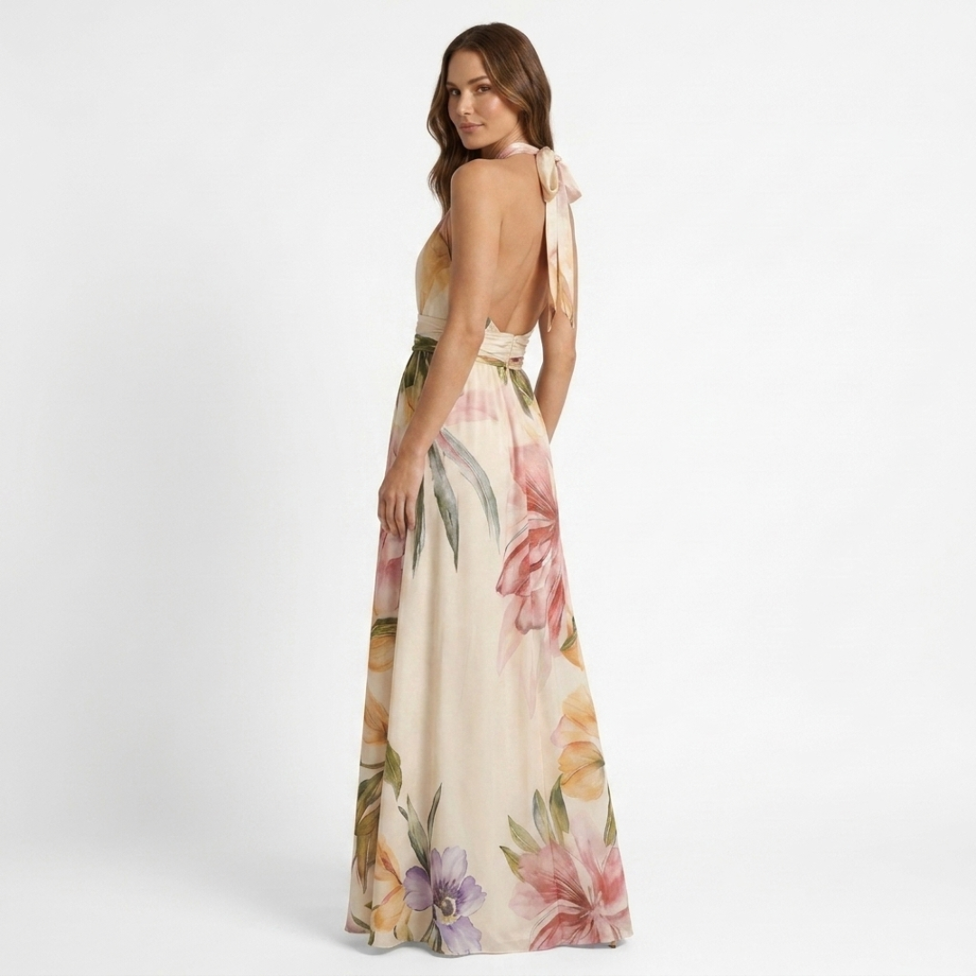 Astreia - Vestito lungo con scollatura floreale e spalline