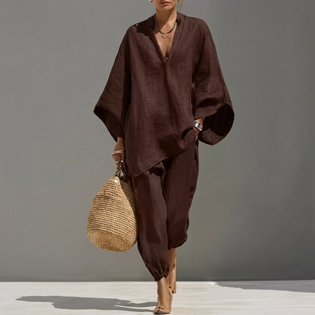 Marina - Set di Abbigliamento Casual a Due Pezzi con Scollatura a V per Donne