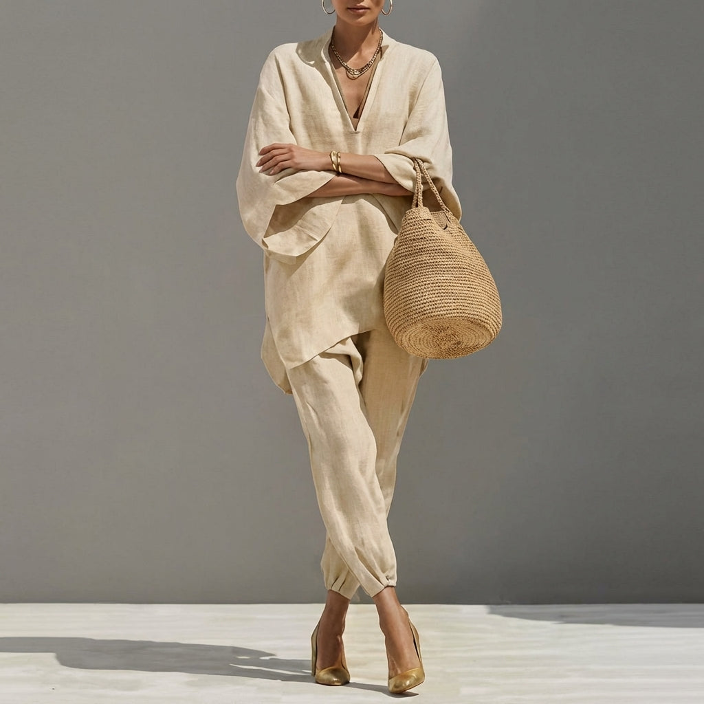 Marina - Set di Abbigliamento Casual a Due Pezzi con Scollatura a V per Donne