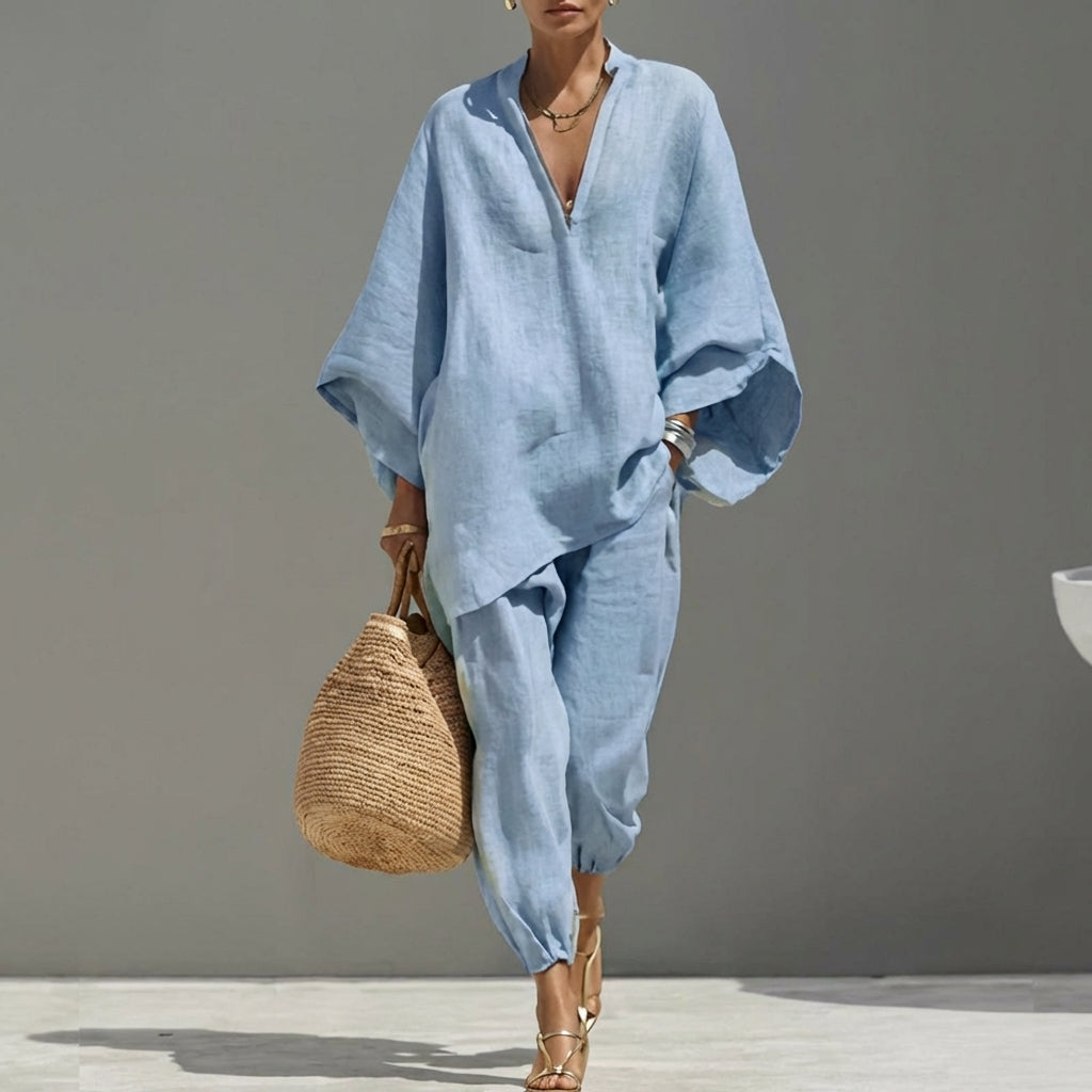 Marina - Set di Abbigliamento Casual a Due Pezzi con Scollatura a V per Donne