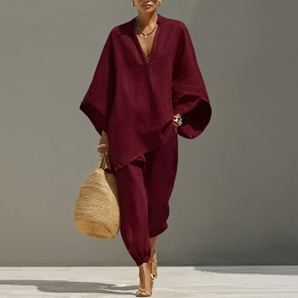 Marina - Set di Abbigliamento Casual a Due Pezzi con Scollatura a V per Donne