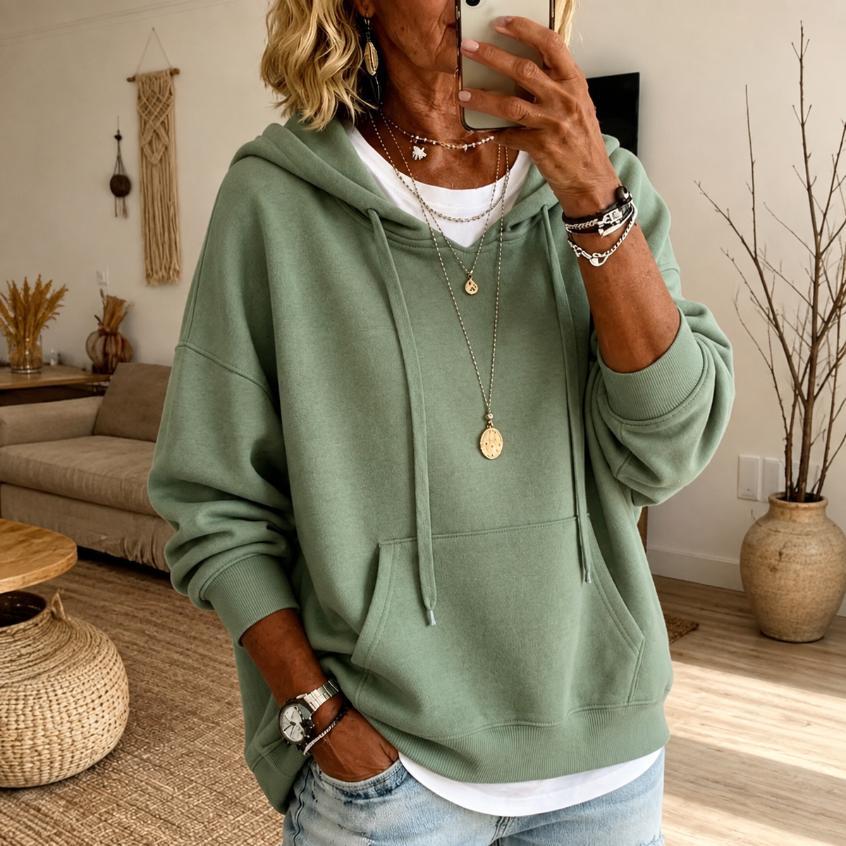 Мария | Светлозелен суитшърт с качулка