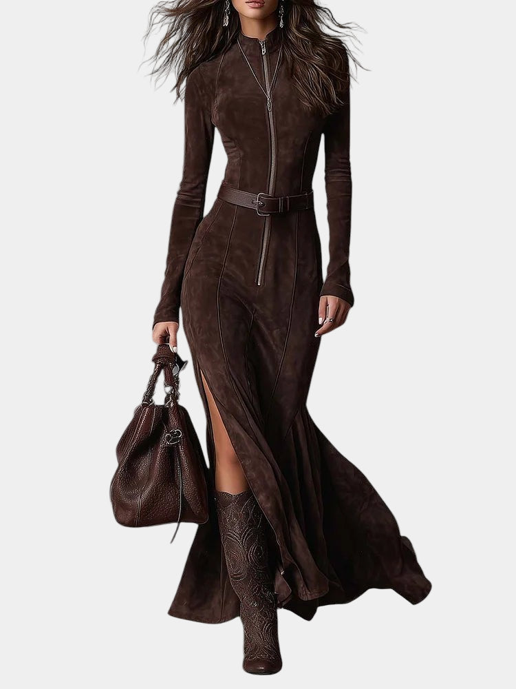 Maria - Elegante Abito Lungo in Suede con Cintura e Spacco