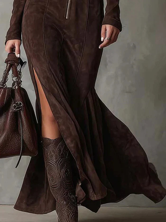 Maria - Elegante Abito Lungo in Suede con Cintura e Spacco