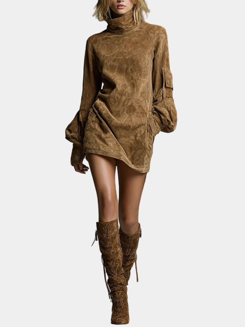 Dimitra - Abito mini ampio in suede con colletto alto