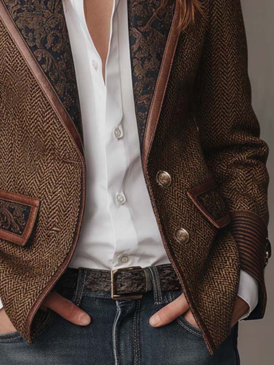 Цветелина | Женско сако с рибена кост и печатни панели