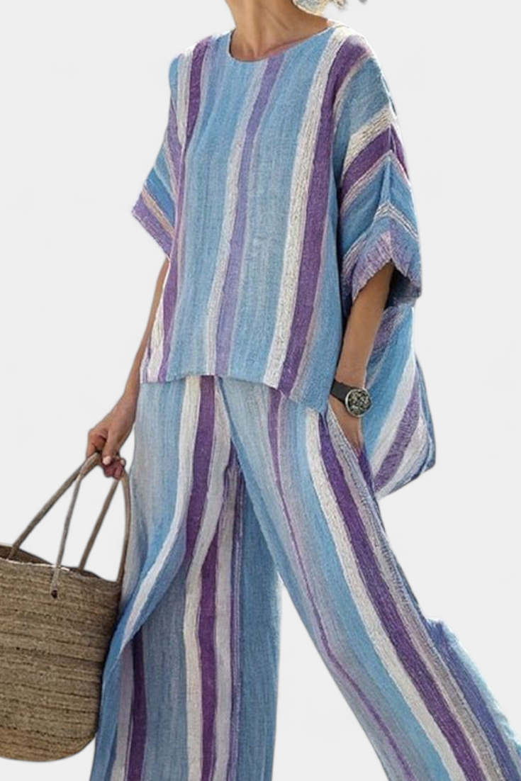 Ginevra — Top elegante in viola pastello e pantaloni in lino a righe