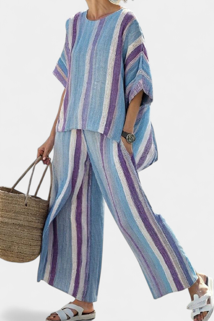Ginevra — Top elegante in viola pastello e pantaloni in lino a righe