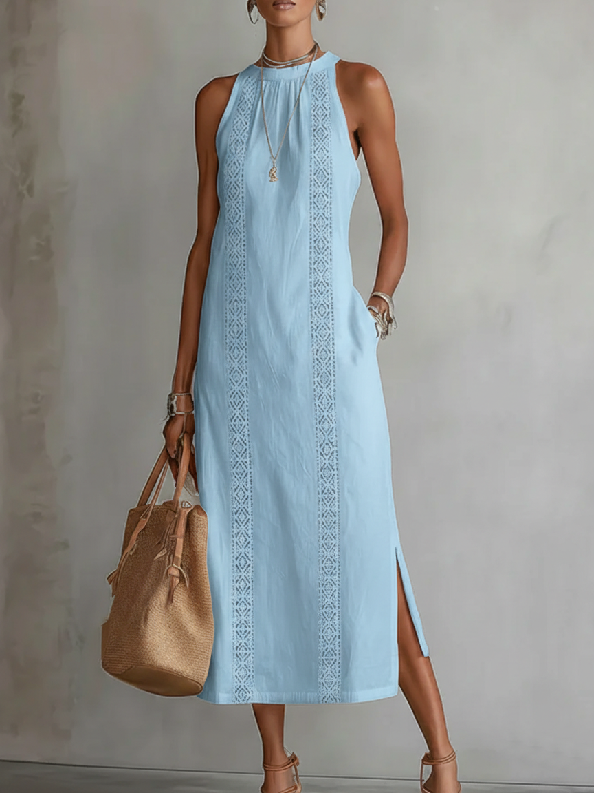 Jimena - Abito midi in lino con colletto Mao