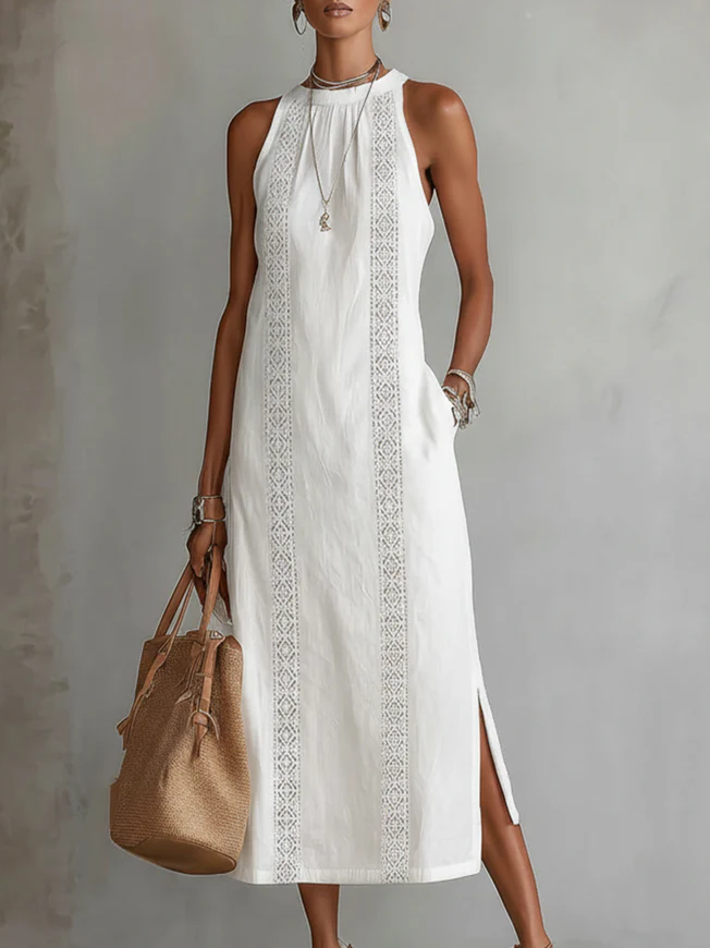 Jimena - Abito midi in lino con colletto Mao
