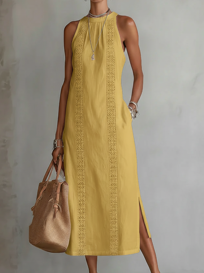 Jimena - Abito midi in lino con colletto Mao