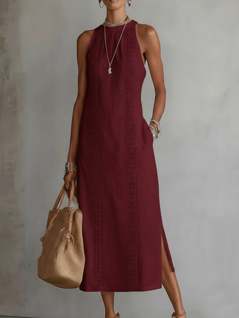 Jimena - Abito midi in lino con colletto Mao