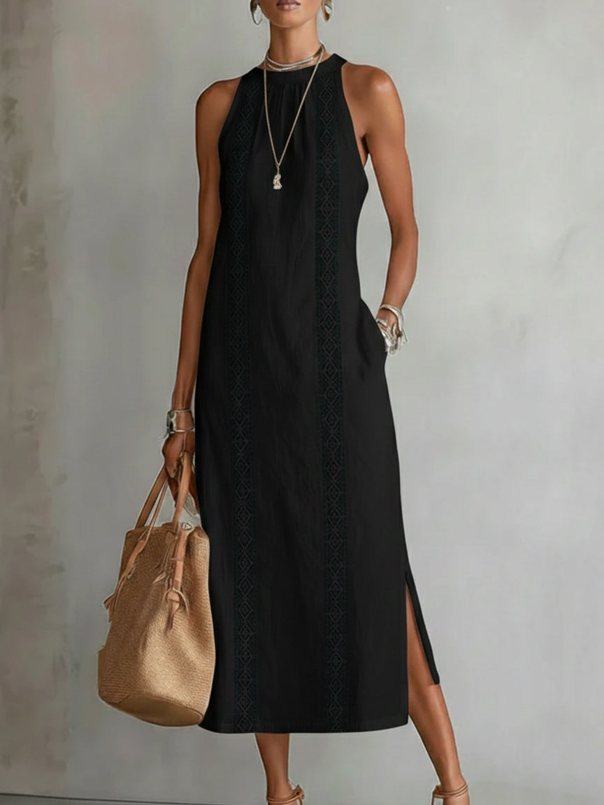Jimena - Abito midi in lino con colletto Mao