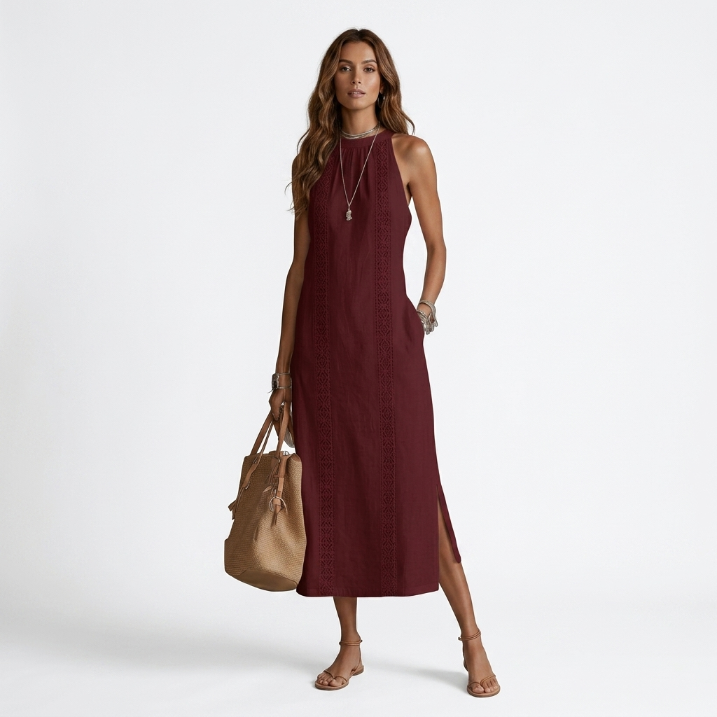 Jimena - Abito midi in lino con colletto Mao